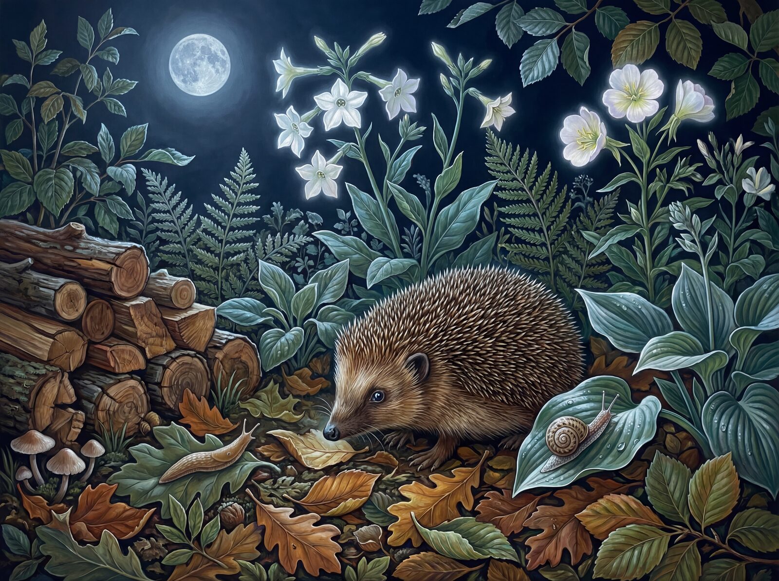 An intimate wildlife encounter in a Morris-style garden at night. Palette: Night Ground, Hedgehog Spine, Log Brown, Garden Green. Made to order.