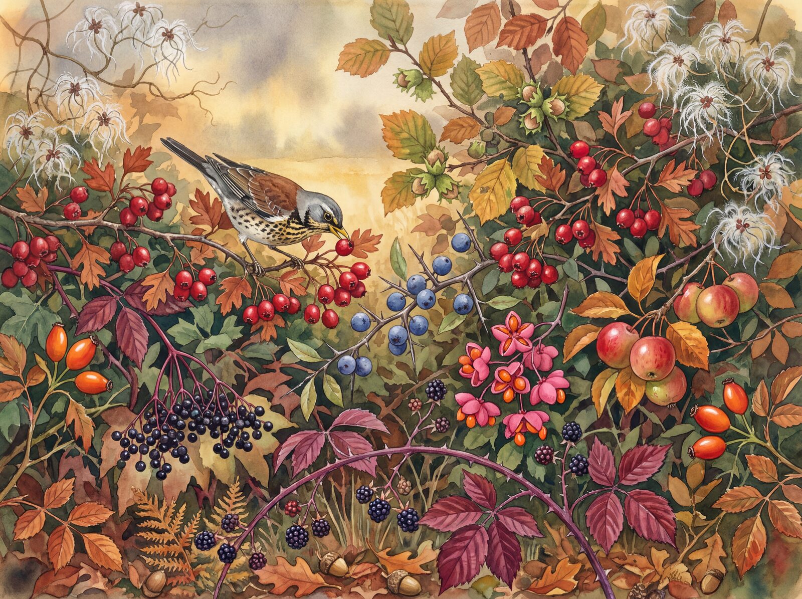 Rich autumn hedgerow scene with Haw Red, Sloe Blue, and Rosehip Orange. Made to order.