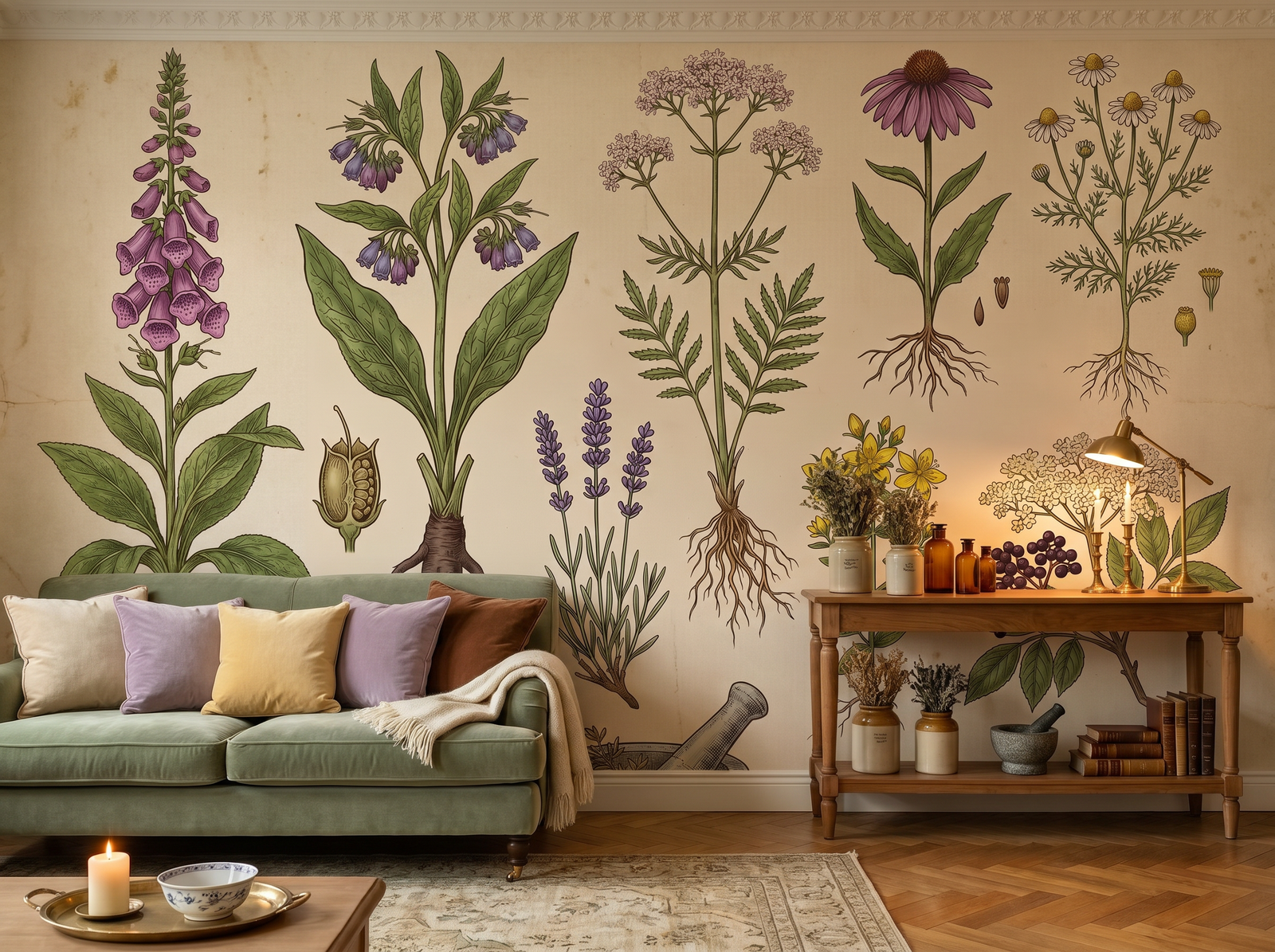 Herb Apothecary scenic wallpaper mural on the feature wall of an English-country kitchen, in a soft grey palette — The Wall Shawl.