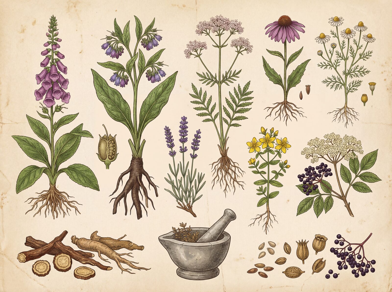 Explore the scholarly world of medicinal herbs. A warm palette of Foxglove Mauve, Echinacea Purple, and Chamomile Gold. Made to order.