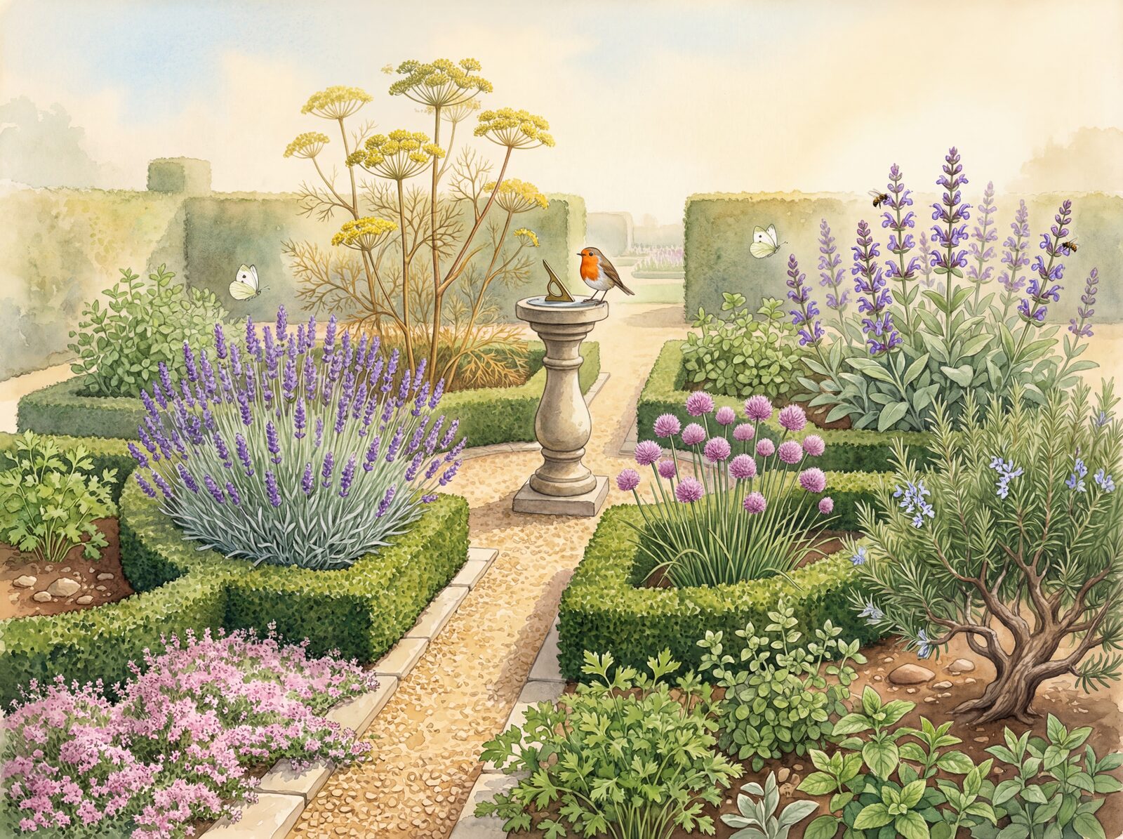 Scenic mural wallpaper featuring a lush herb garden with a palette of lavender, sage, and thyme. Made to order.