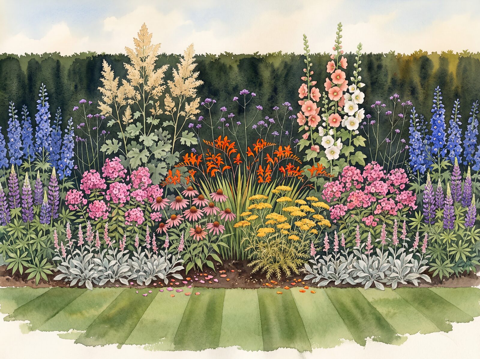 Vibrant English garden scene with Yew Hedge Dark, Delphinium Blue, and Phlox Pink. Made to order.