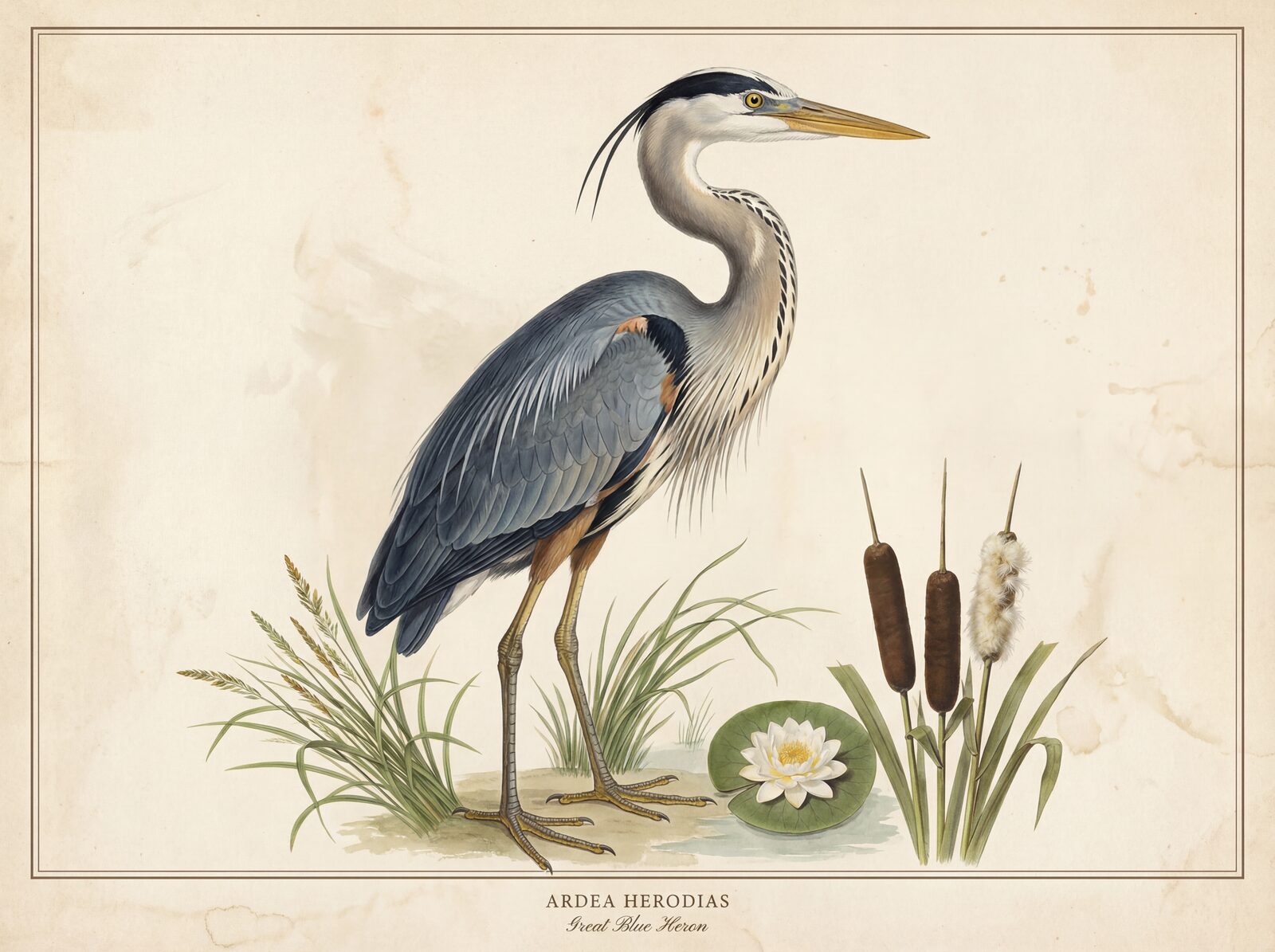 A meticulous, life-sized study of a great blue heron, rendered in deep slate, warm cream, and ochre tones. Made to order.