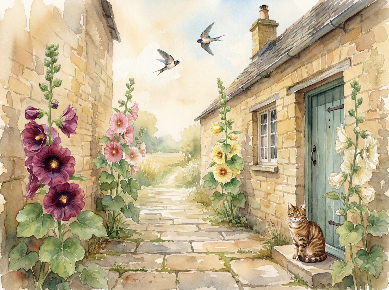 Scenic mural wallpaper featuring hollyhocks in plum, pink, yellow, and white, against a warm stone wall. Made to order.