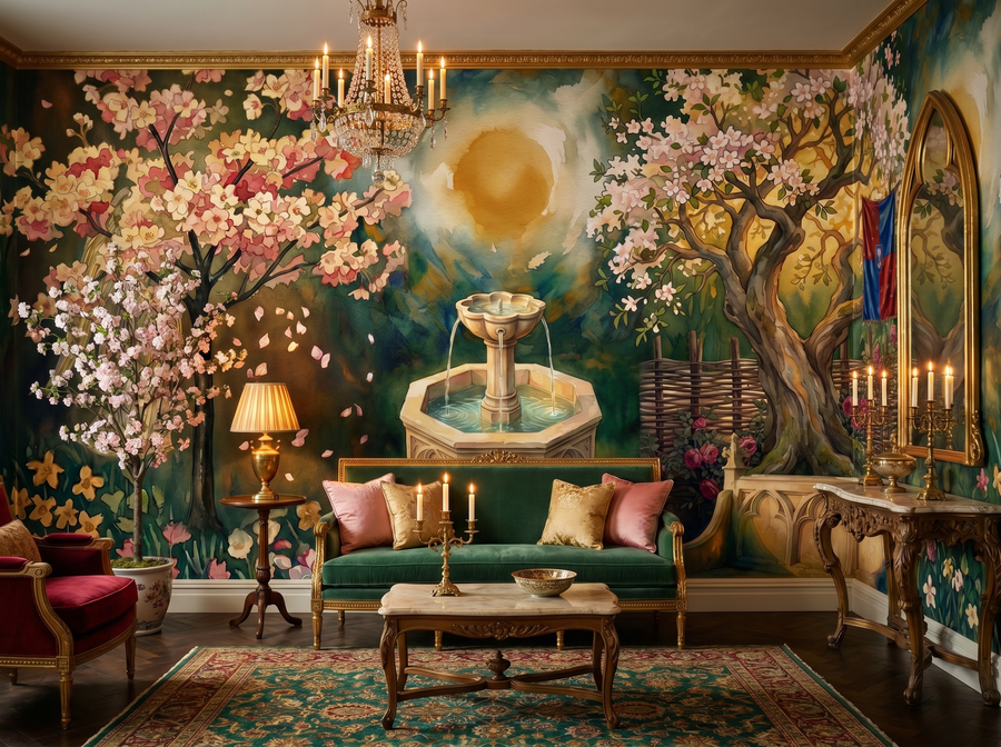 Holy Grail Garden scenic wallpaper mural on the feature wall of an English-country dining room, in a moody black-and-charcoal palette — The Wall Shawl.