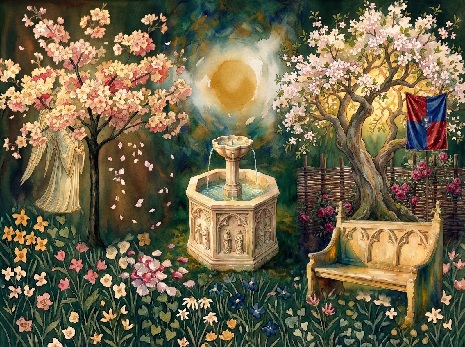 Legendary garden scene with deep green, gold, and rose hues. Made to order.