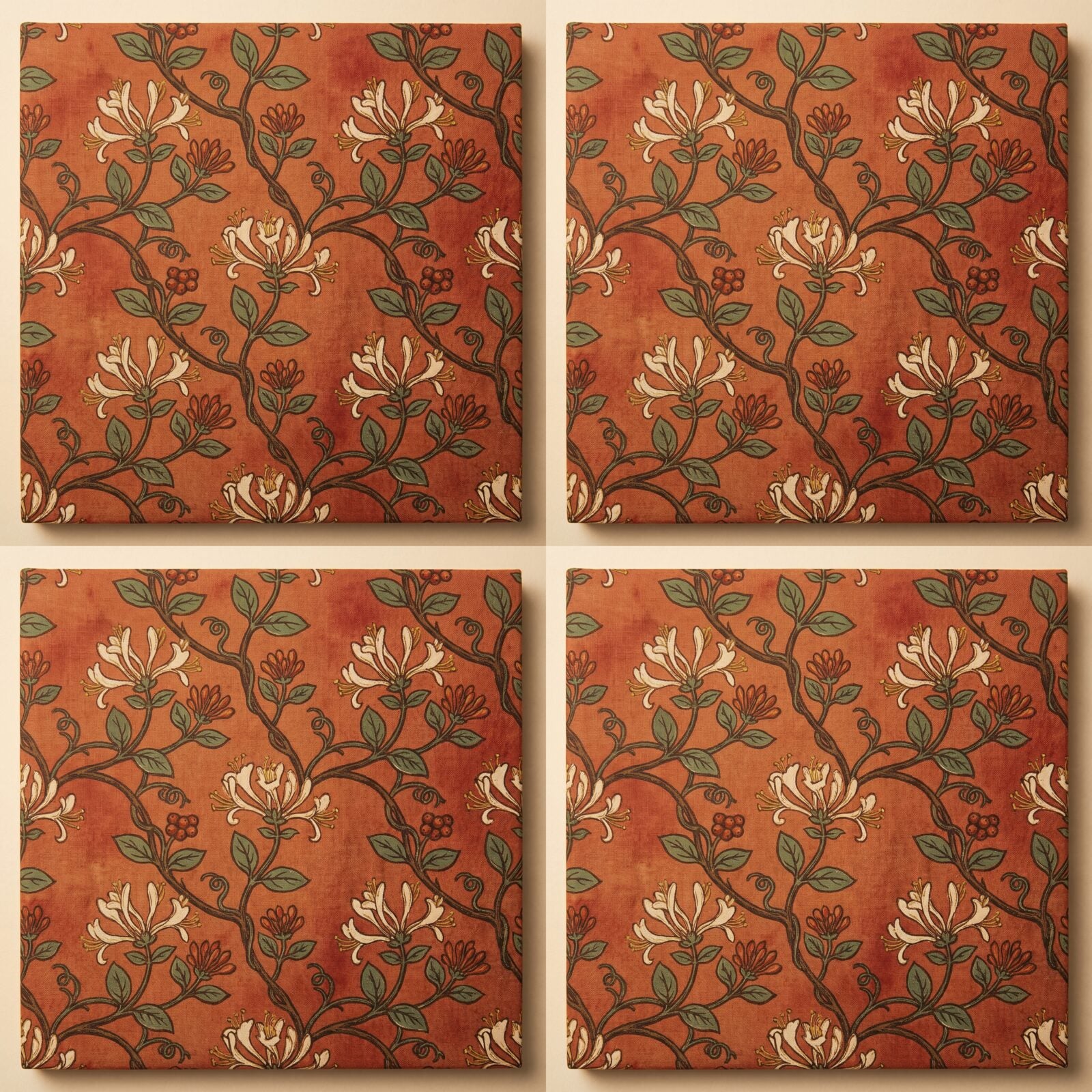 Morris's Honeysuckle reimagined on a warm terracotta ground, with cream, sage, and burnt orange. Made to order.
