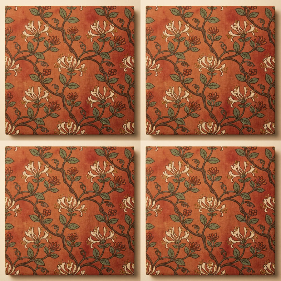 Morris's Honeysuckle reimagined on a warm terracotta ground, with cream, sage, and burnt orange. Made to order.