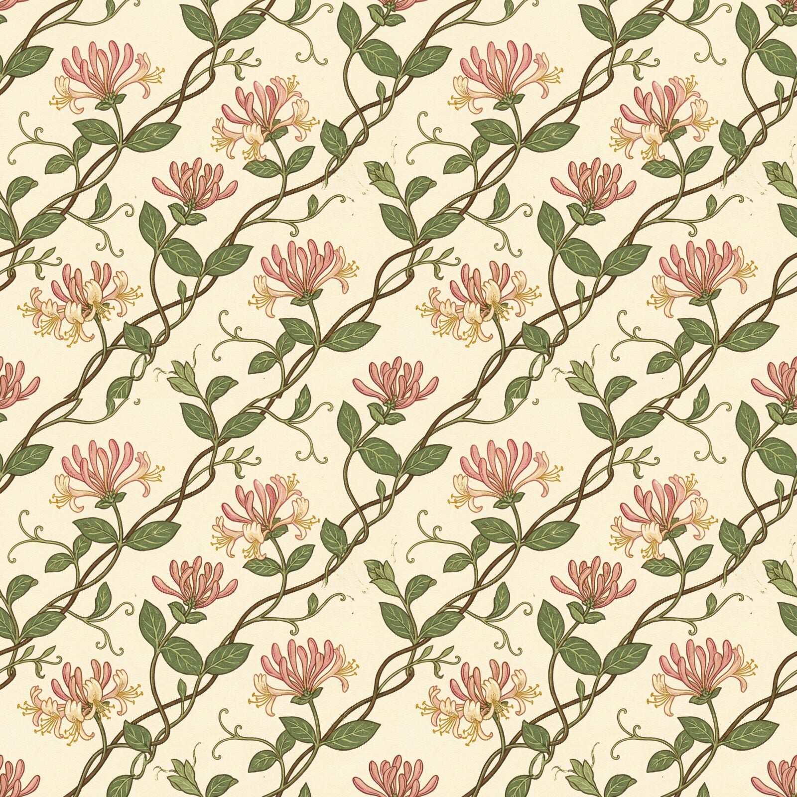 Immerse yourself in the fragrant embrace of our Honeysuckle Trail mural wallpaper. Featuring a warm ivory ground with creams, pinks, and greens. Made to order.