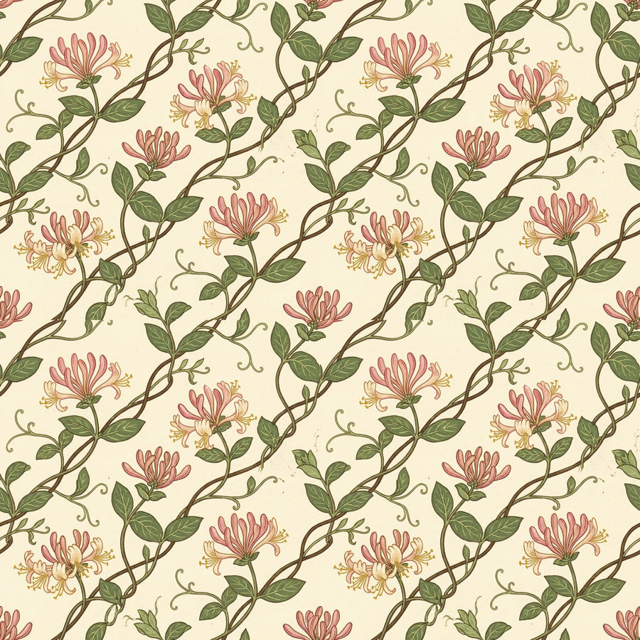Immerse yourself in the fragrant embrace of our Honeysuckle Trail mural wallpaper. Featuring a warm ivory ground with creams, pinks, and greens. Made to order.
