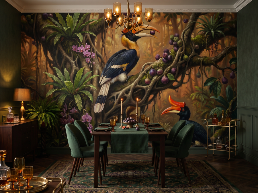 Hornbill scenic wallpaper mural on the feature wall of an English-country dining room, in a golden yellow-and-ochre palette — The Wall Shawl.