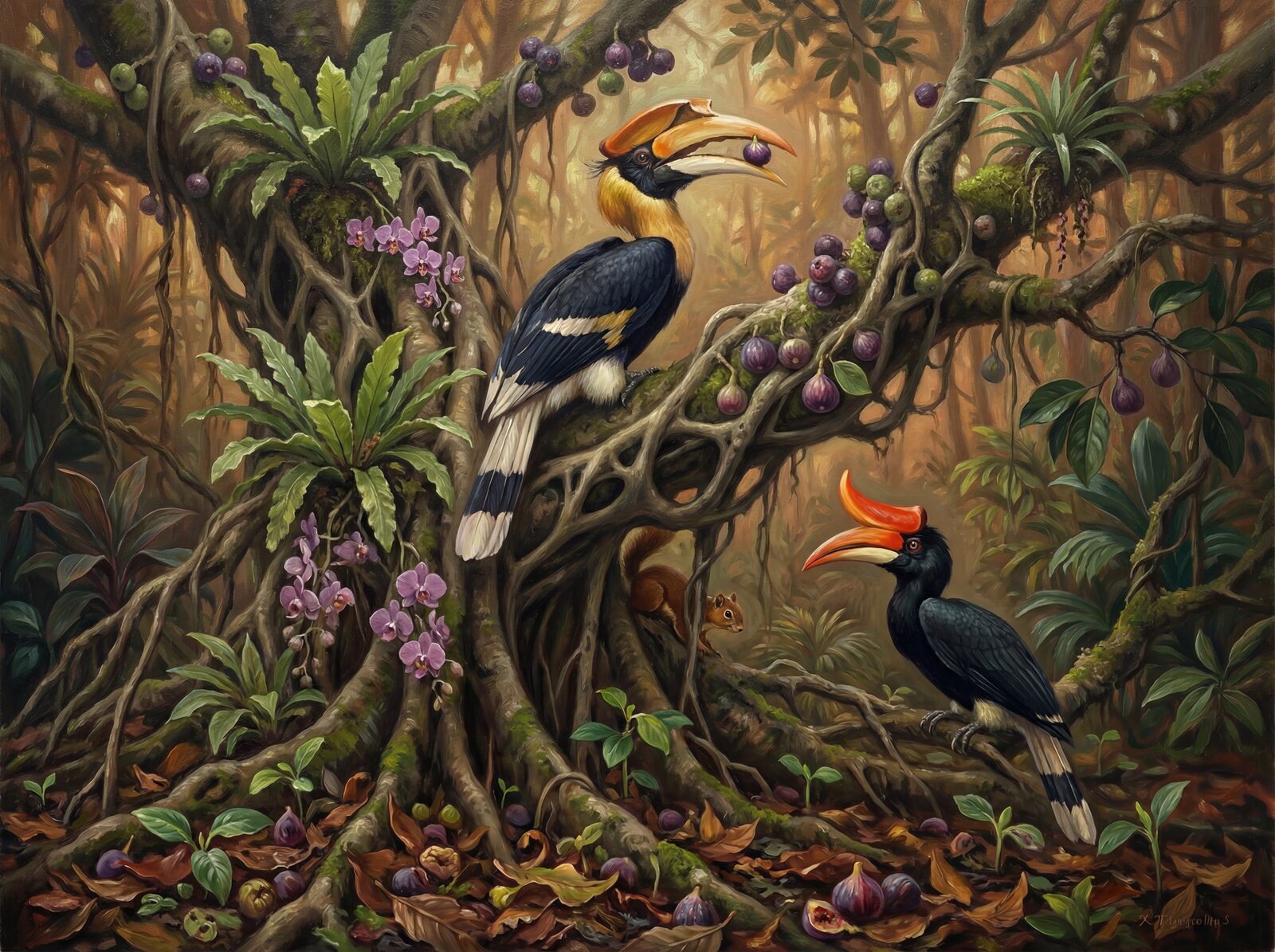 Vibrant hornbill mural with Casque Orange, Bill Ivory, and Hornbill Black. Made to order.