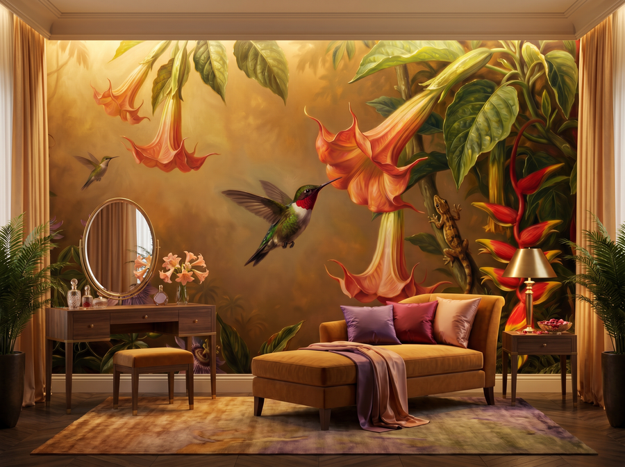 Hummingbird and Flower scenic wallpaper mural on the feature wall of an English-country bedroom, in a verdant green palette — The Wall Shawl.