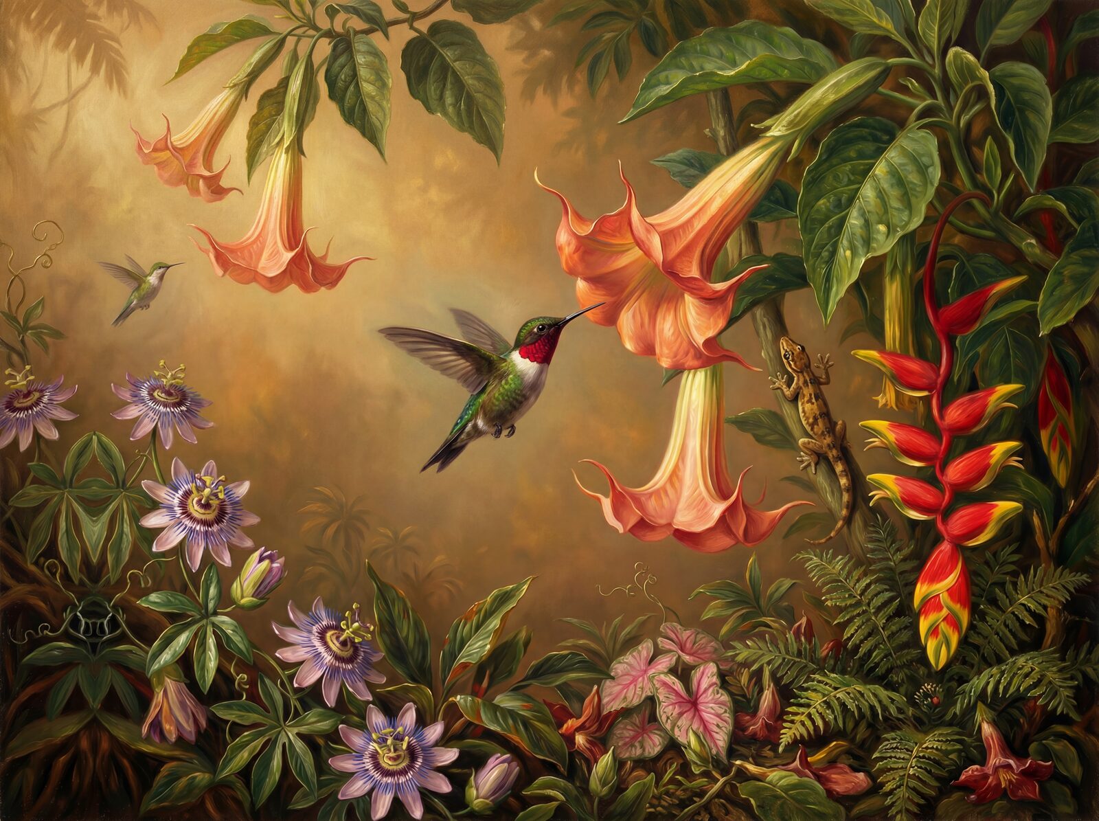 Vibrant hummingbird and Brugmansia flower mural with Ruby Gorget, Emerald Back, and Trumpet Coral hues. Made to order.