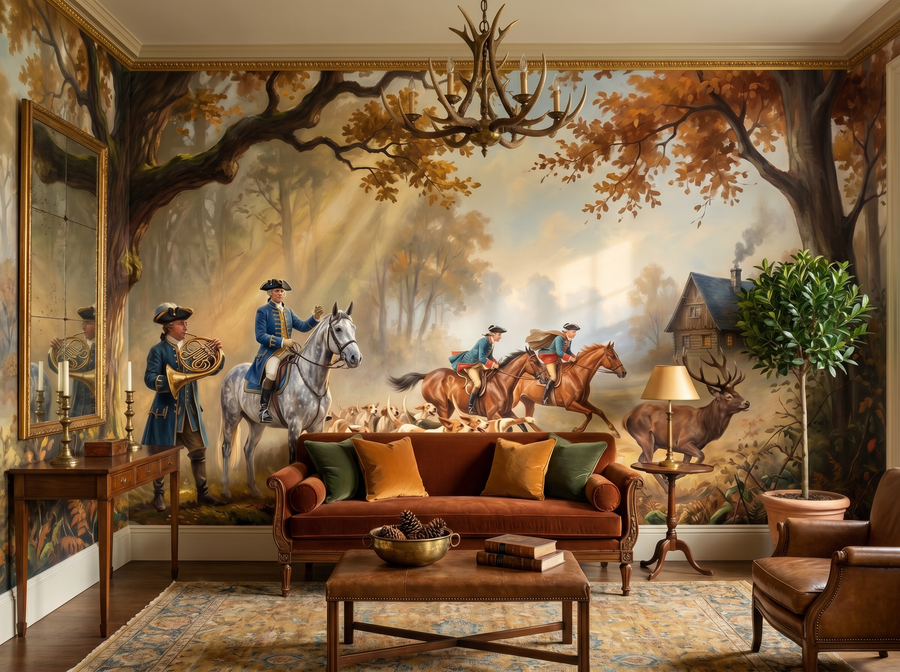 Hunting Scene scenic wallpaper mural on the feature wall of an English-country dining room, in a warm brown-and-taupe palette — The Wall Shawl.