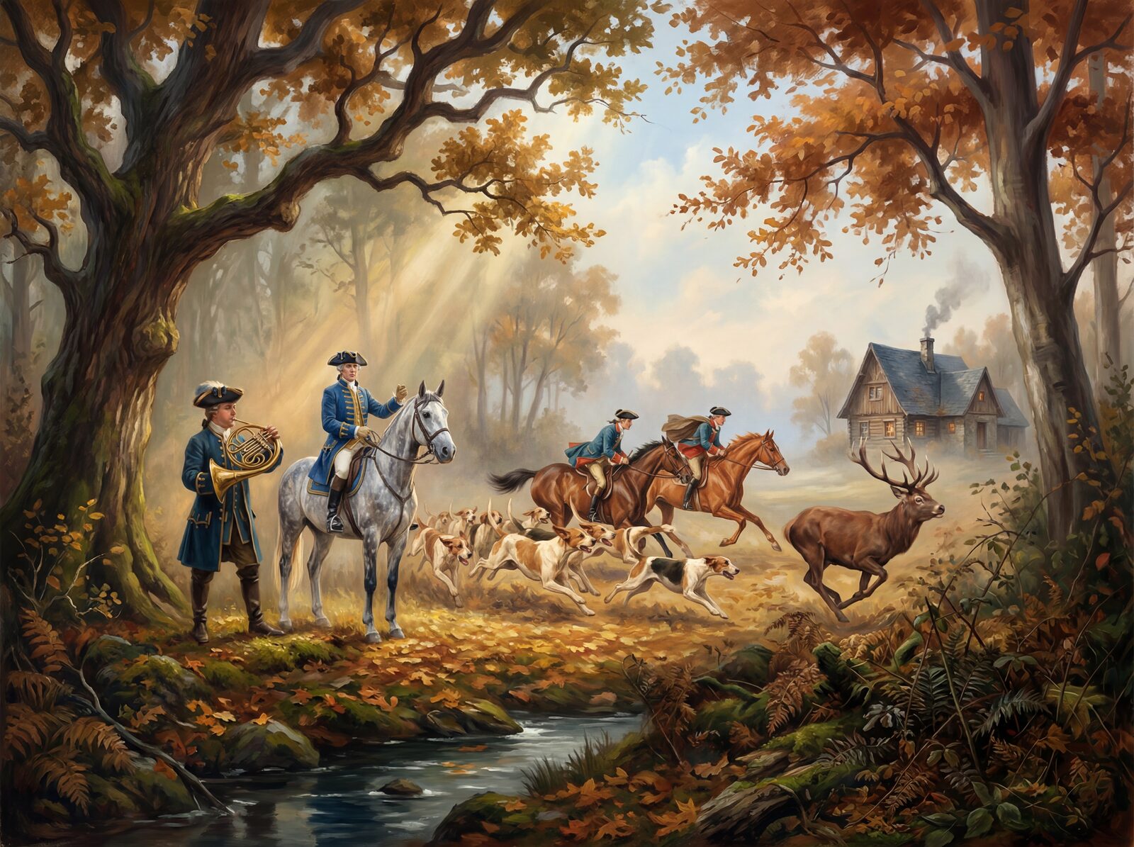 Scenic mural with Oak Gold, Forest Dark, and Livery Blue hues. Made to order.