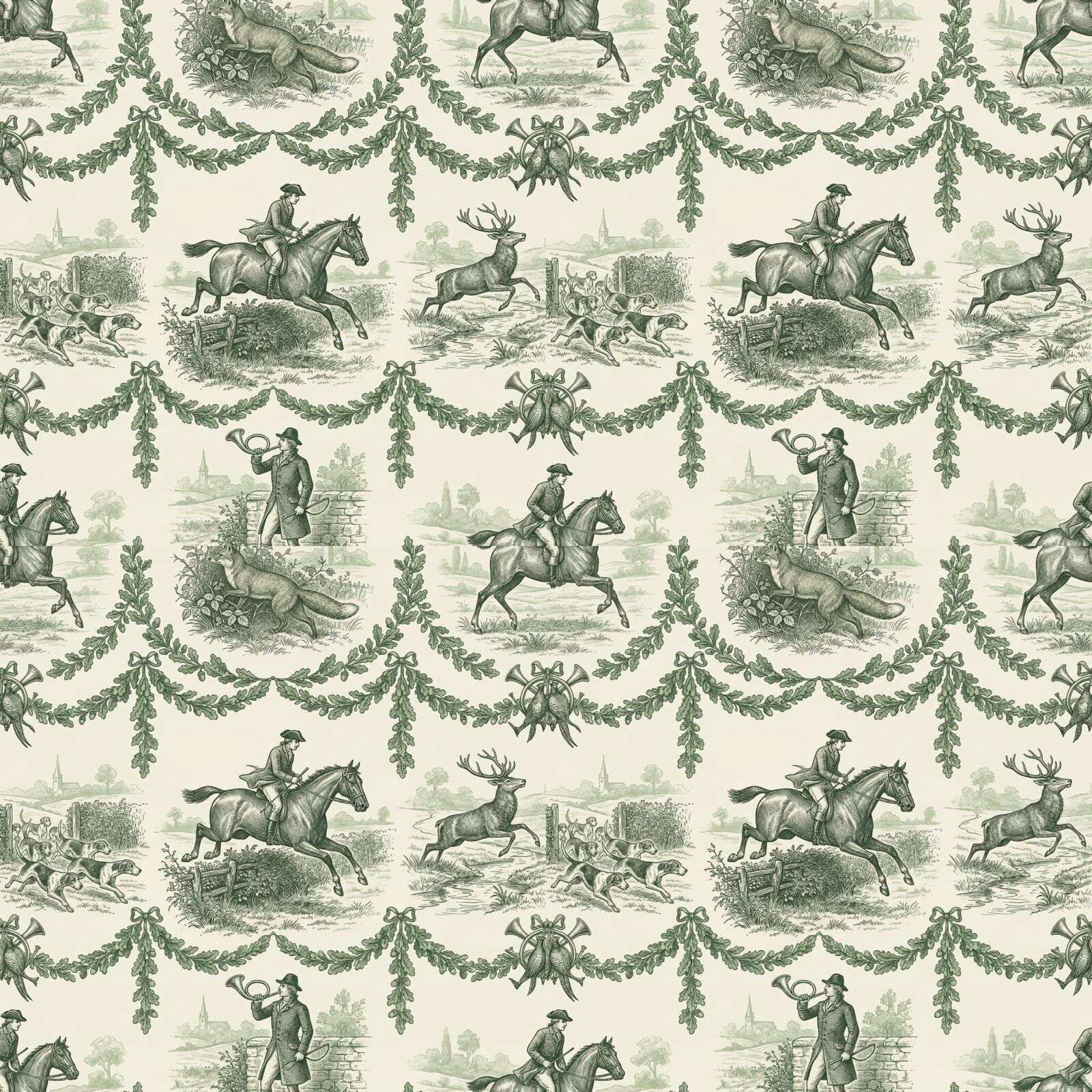 Experience the chase in freeze-frame with our Hunting Toile mural. French Cream and Hunting Green palette. Made to order.