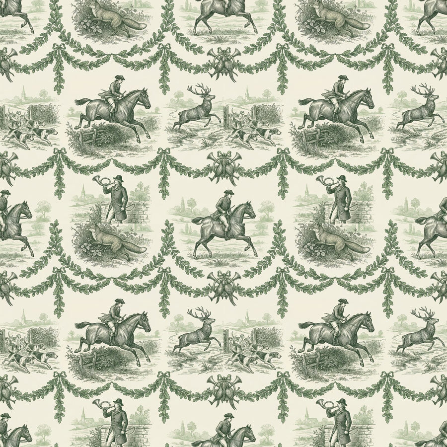 Experience the chase in freeze-frame with our Hunting Toile mural. French Cream and Hunting Green palette. Made to order.