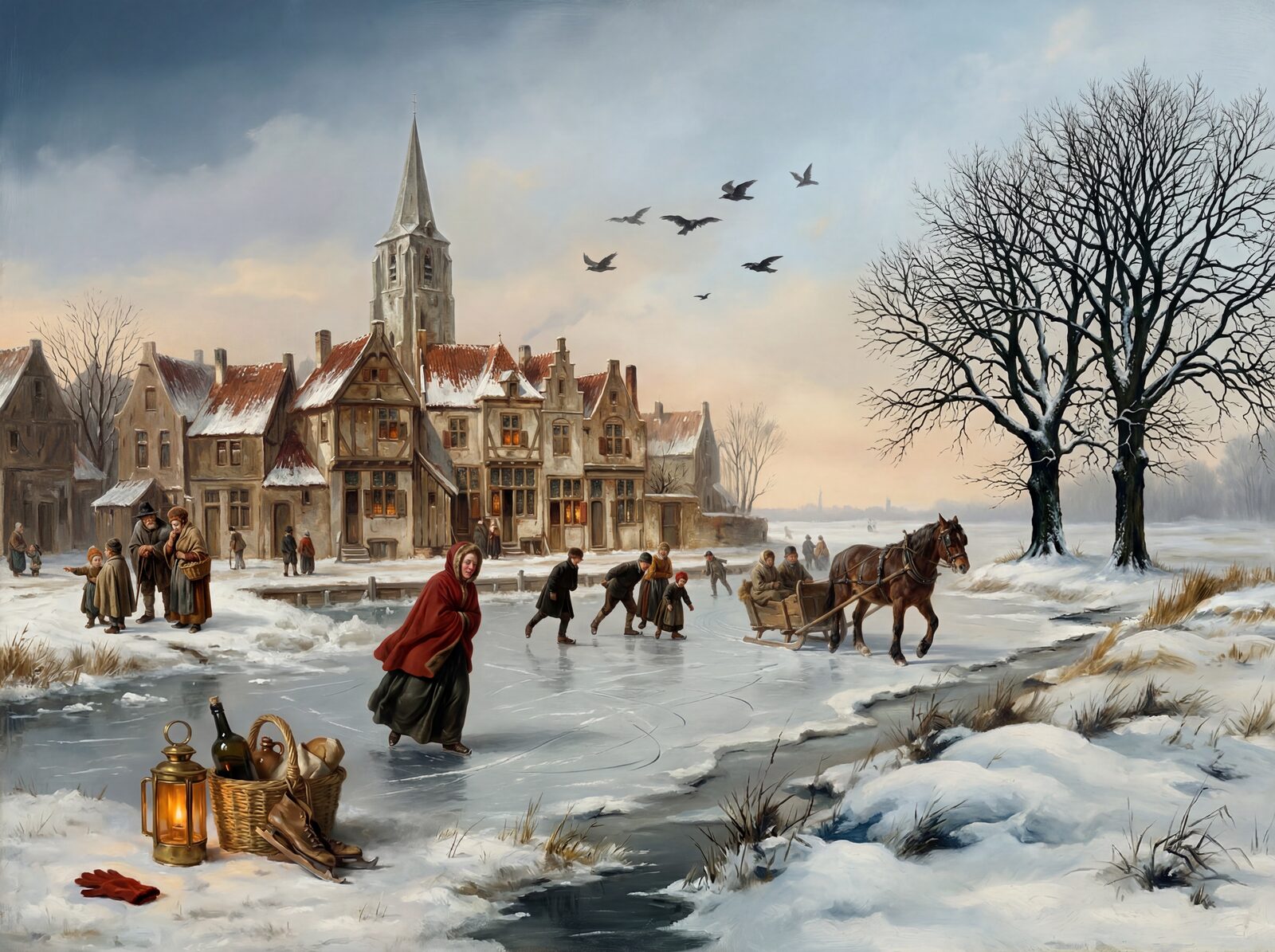 Scenic mural wallpaper in Winter Sky, Ice White, and Village Brown hues. Made to order.