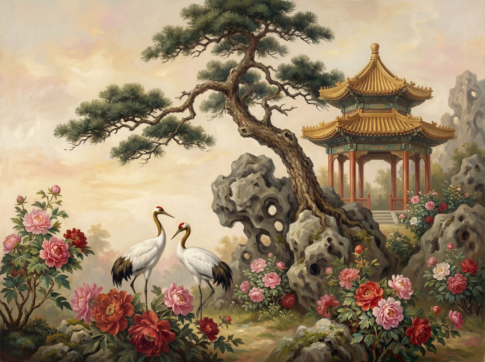 Chinoiserie scenic mural with Imperial Jade, Cinnabar Warm, and Palace Gold. Made to order.