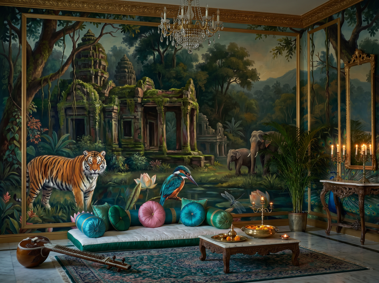 Indian Kingfisher scenic wallpaper mural on the feature wall of an English-country bathroom, in a soft grey palette — The Wall Shawl.