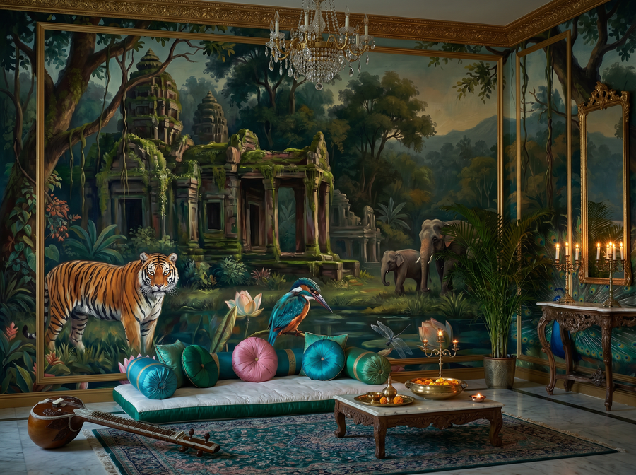Indian Kingfisher scenic wallpaper mural on the feature wall of an English-country bathroom, in a soft grey palette — The Wall Shawl.