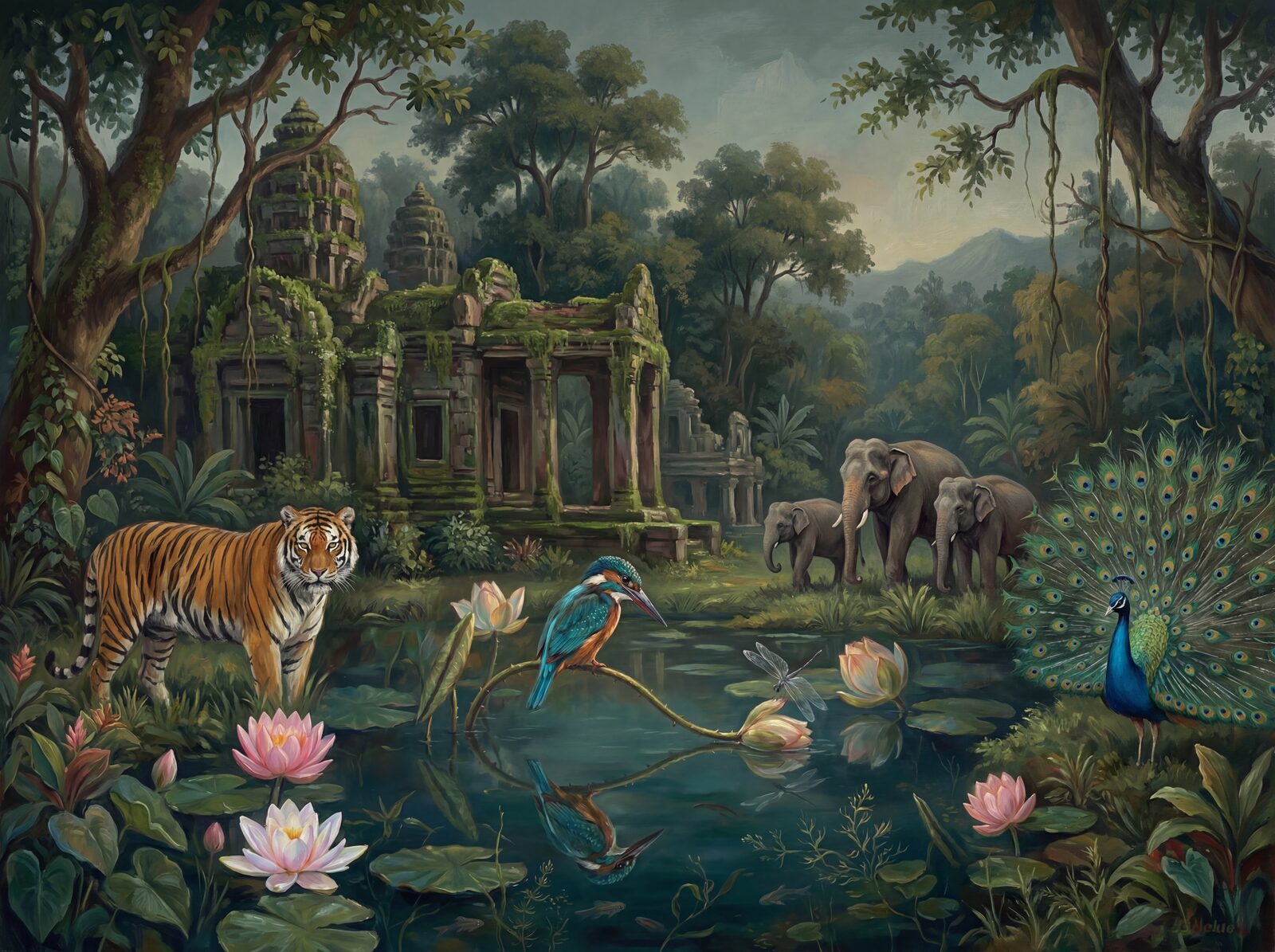 Tranquil Indian kingfisher scene with turquoise, brown, and coral hues. Made to order.