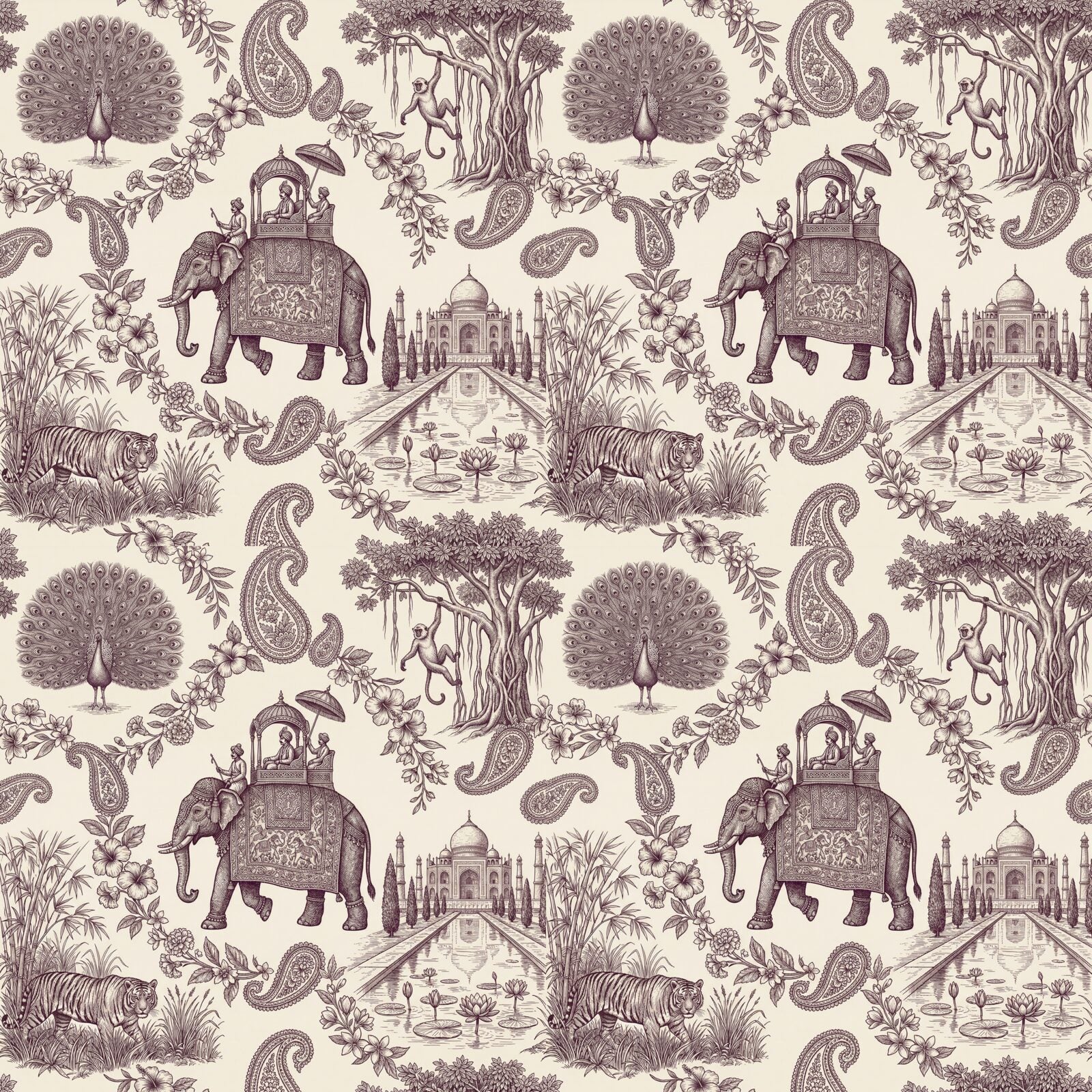 Exotic Indian Toile mural in Aubergine hues. A fantastical landscape with elephants, palaces, and peacocks. Made to order.