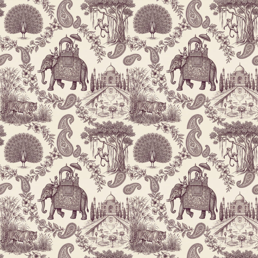 Exotic Indian Toile mural in Aubergine hues. A fantastical landscape with elephants, palaces, and peacocks. Made to order.