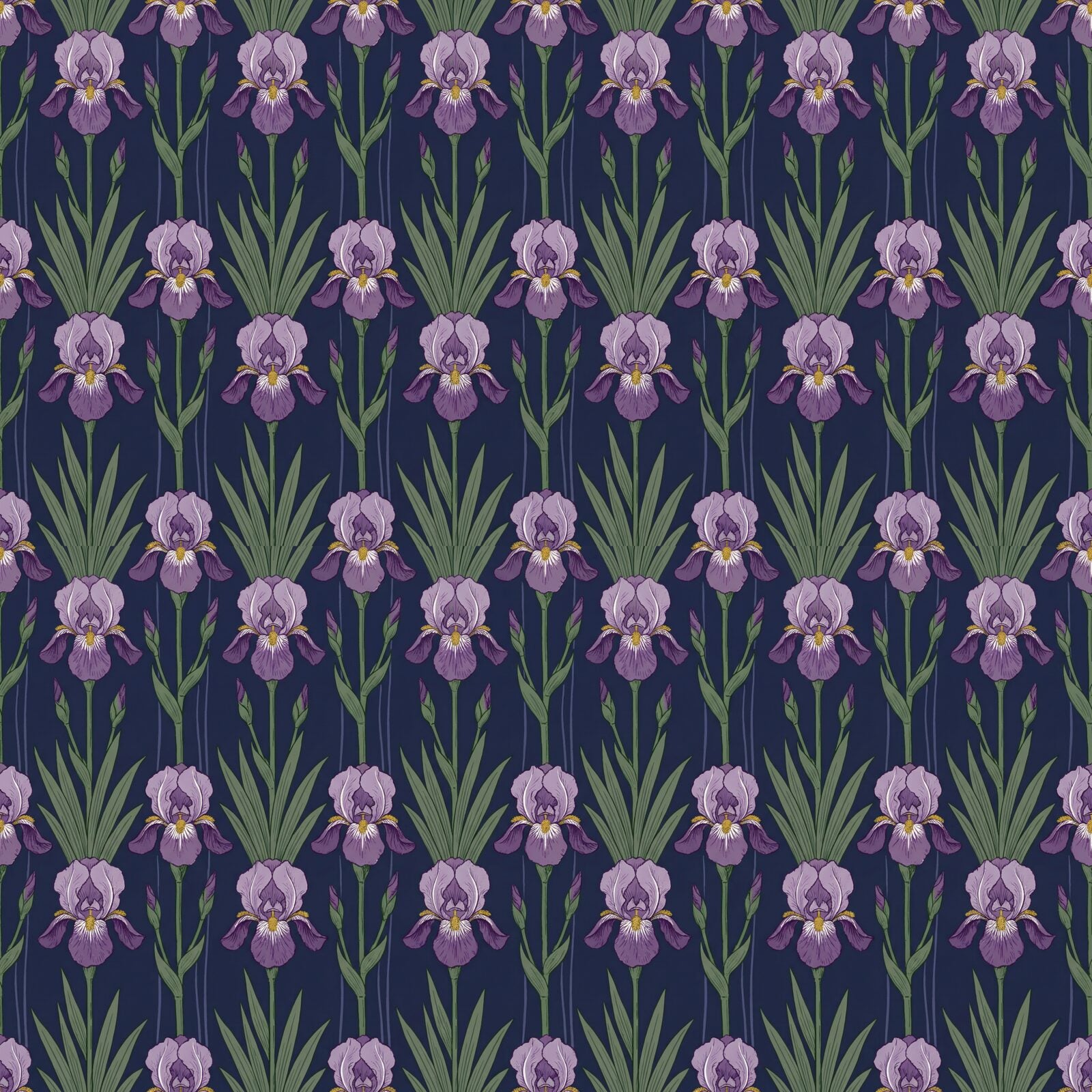 Experience the stately beauty of Iris Procession mural wallpaper. Featuring deep indigo, royal purple, and gold. Made to order.