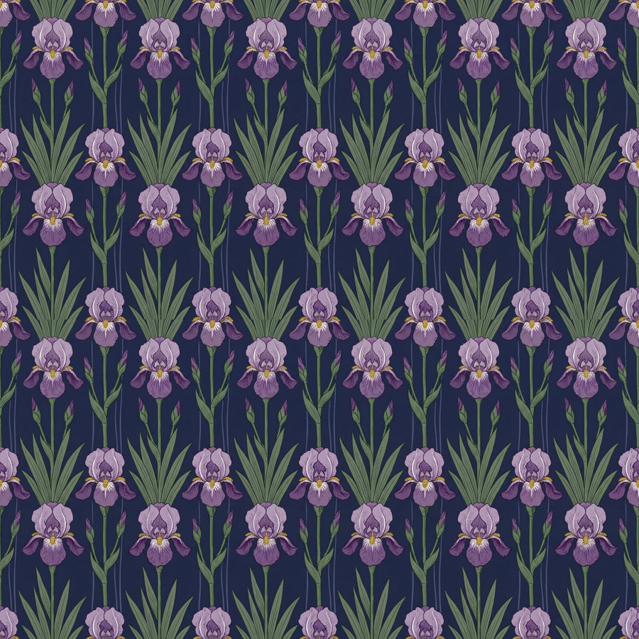 Experience the stately beauty of Iris Procession mural wallpaper. Featuring deep indigo, royal purple, and gold. Made to order.