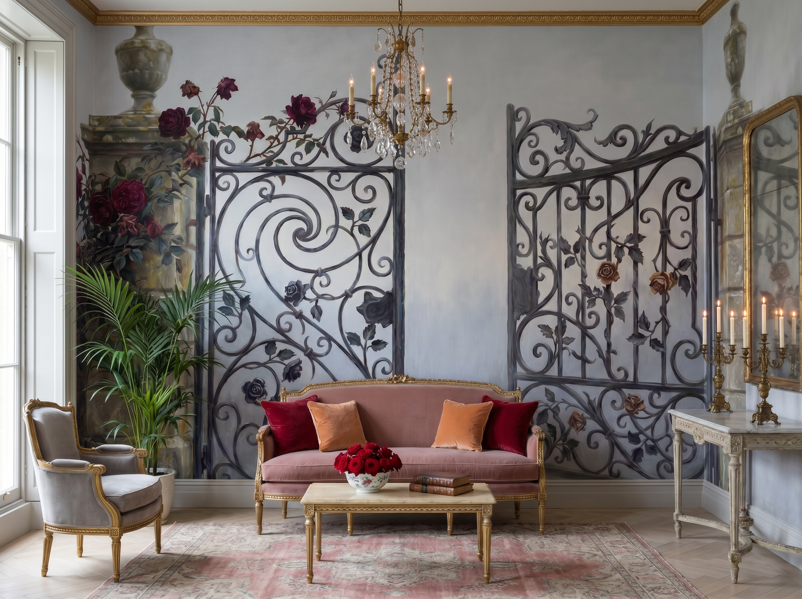 Iron Gate scenic wallpaper mural on the feature wall of an English-country entrance hall, in a moody black-and-charcoal palette — The Wall Shawl.