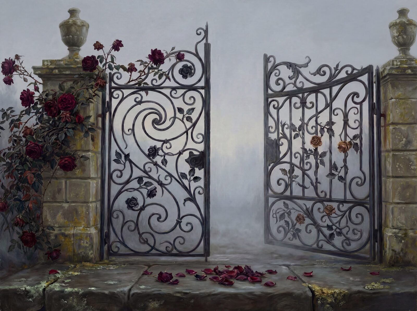 Mural wallpaper featuring a Victorian iron gate in Void Black, Wrought Iron, and Mist Grey. Made to order.
