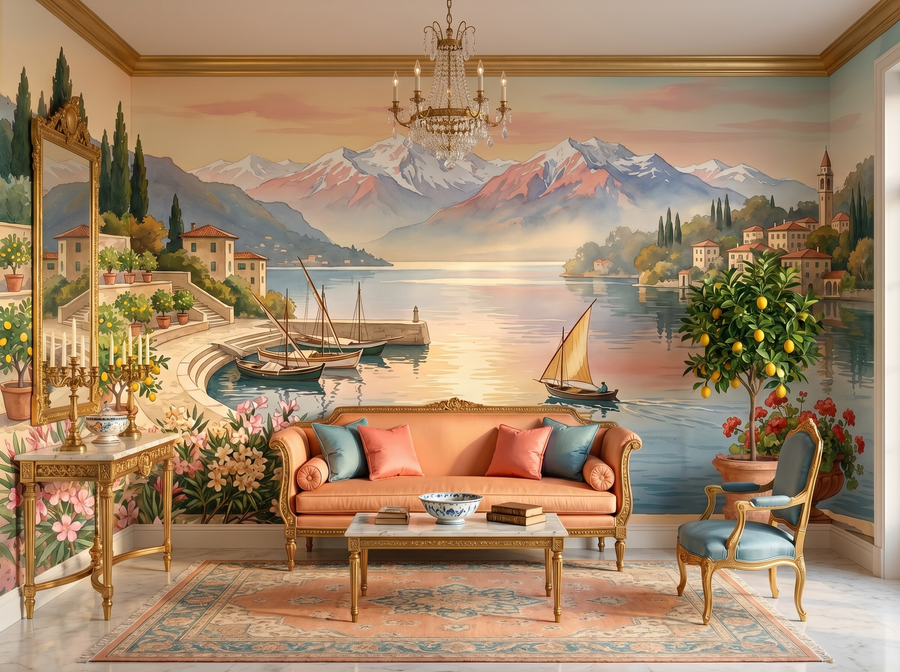 Italian Lakes scenic wallpaper mural on the feature wall of a Mediterranean living room, in a cool blue palette — The Wall Shawl.