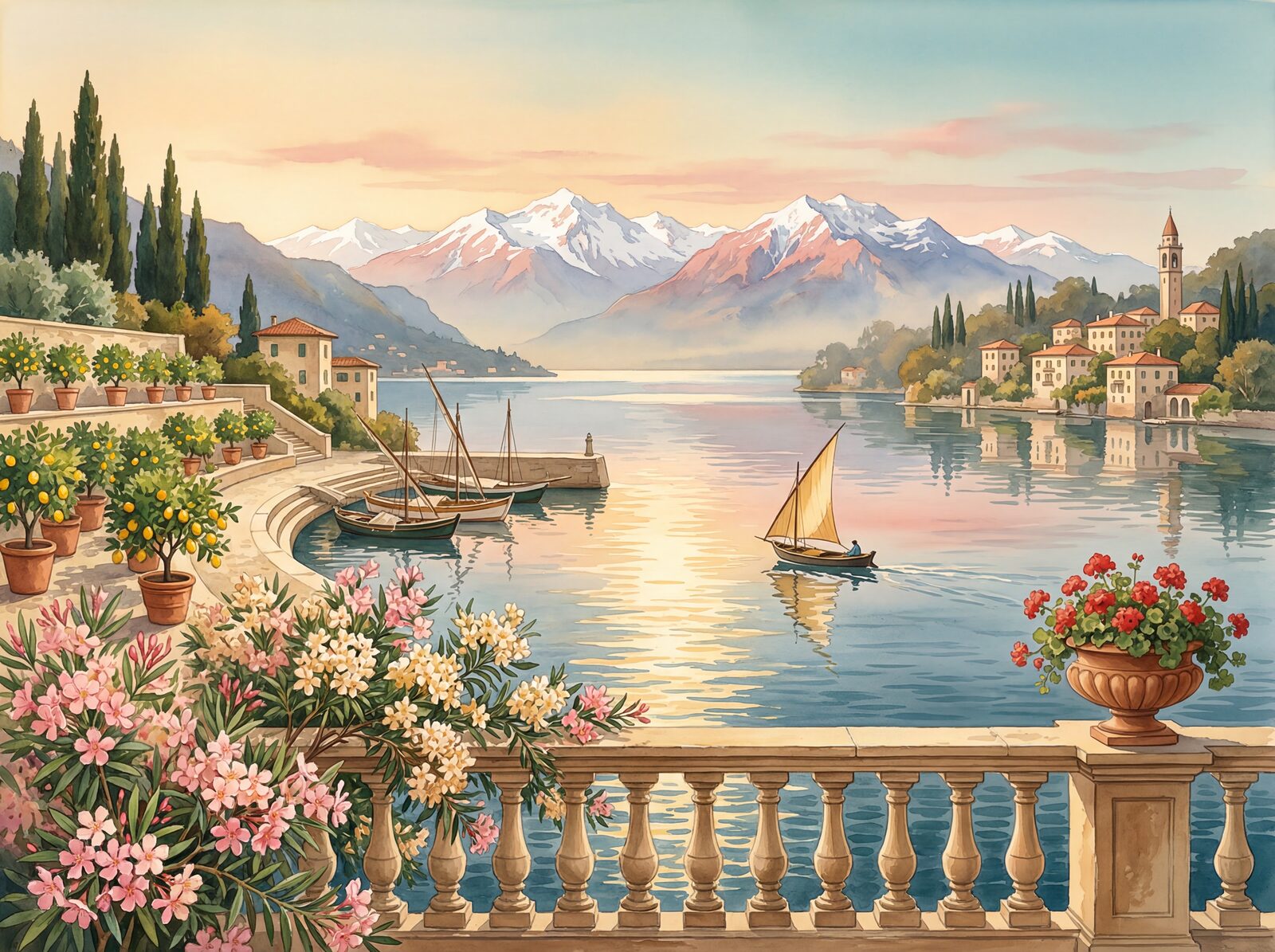 Scenic mural wallpaper with Lake Deep, Villa Terracotta, and Citrus Gold hues. Made to order.
