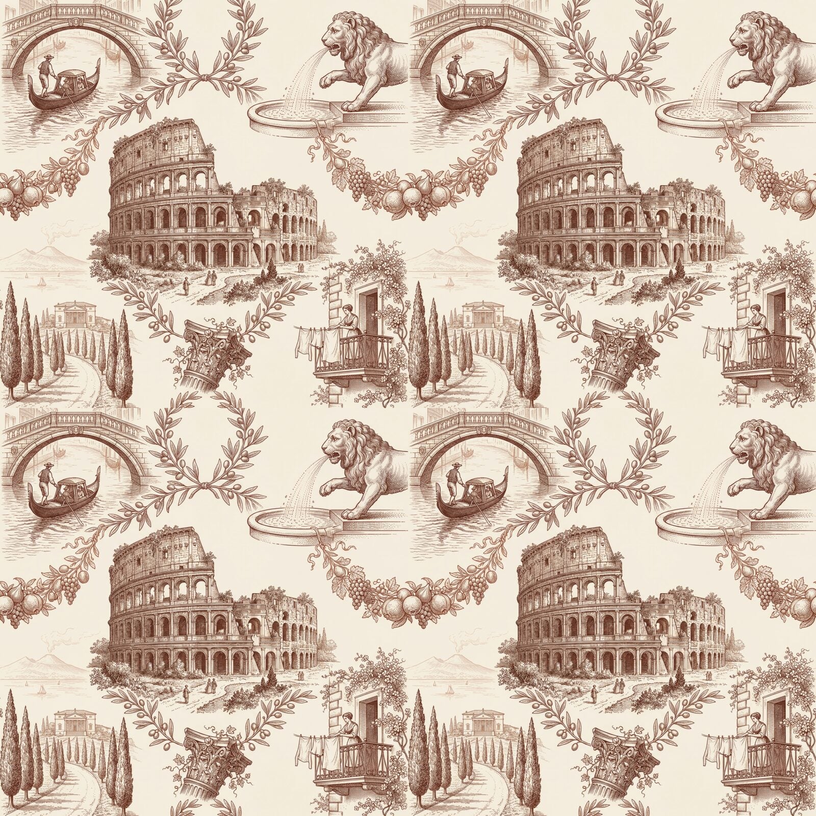 Experience the warmth of Italy with our Italian Toile mural, featuring iconic scenes in a rich terracotta and cream palette. Made to order.