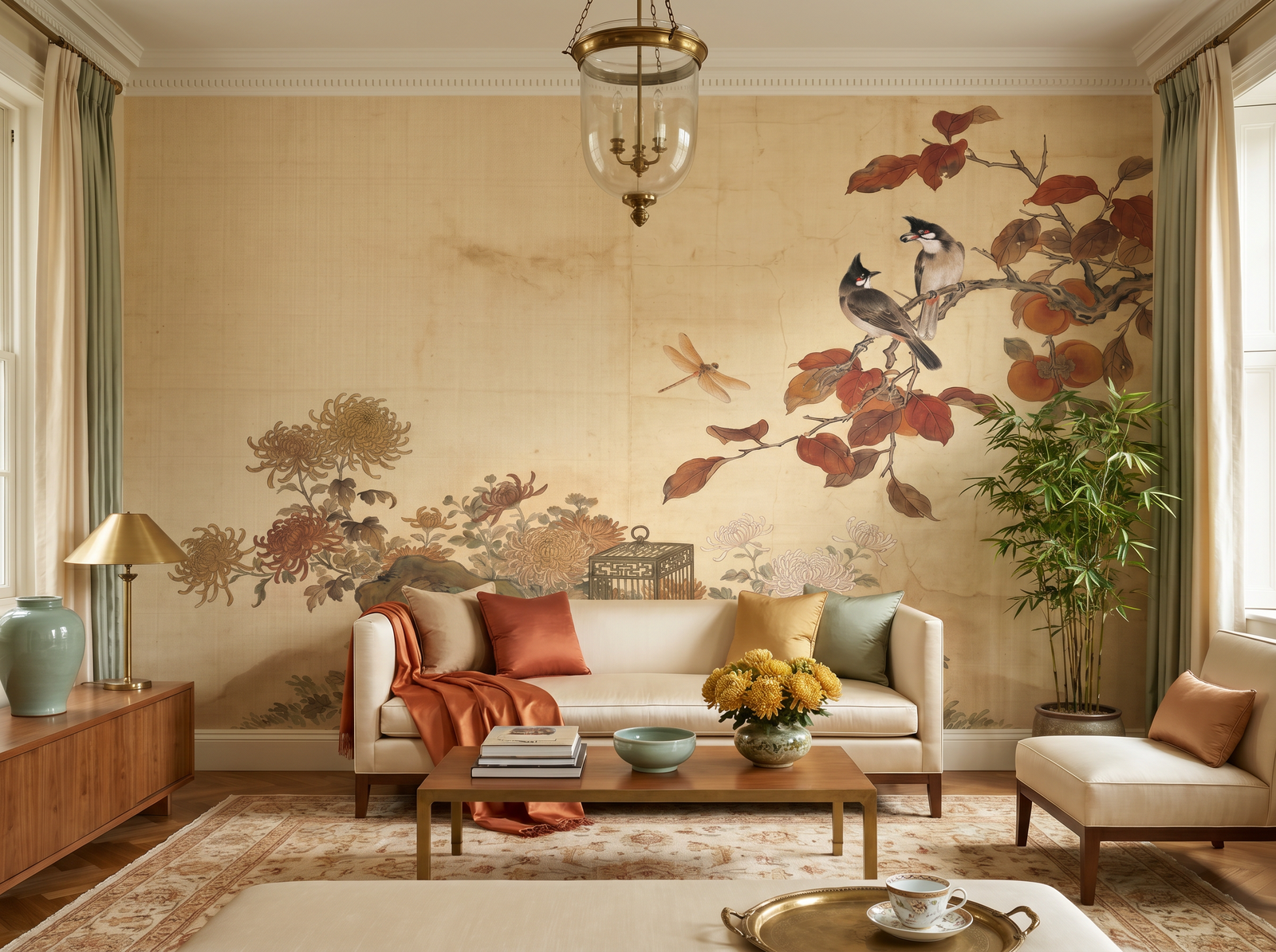 Ivory Chinoiserie scenic wallpaper mural on the feature wall of a chinoiserie living room, in a soft grey palette — The Wall Shawl.