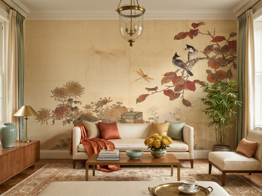 Ivory Chinoiserie scenic wallpaper mural on the feature wall of a chinoiserie living room, in a soft grey palette — The Wall Shawl.