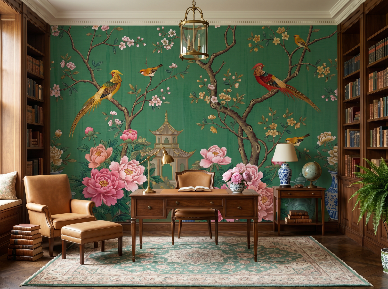 Jade Chinoiserie scenic wallpaper mural on the feature wall of a chinoiserie living room, in a soft grey palette — The Wall Shawl.
