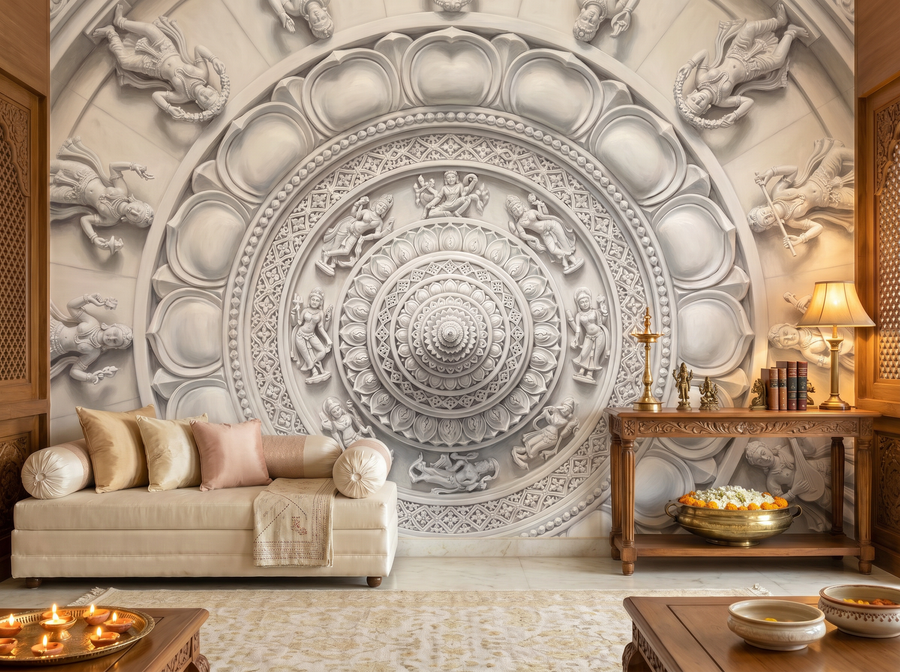 Jain Temple Detail scenic wallpaper mural on the feature wall of an eclectic living room, in a soft grey palette — The Wall Shawl.