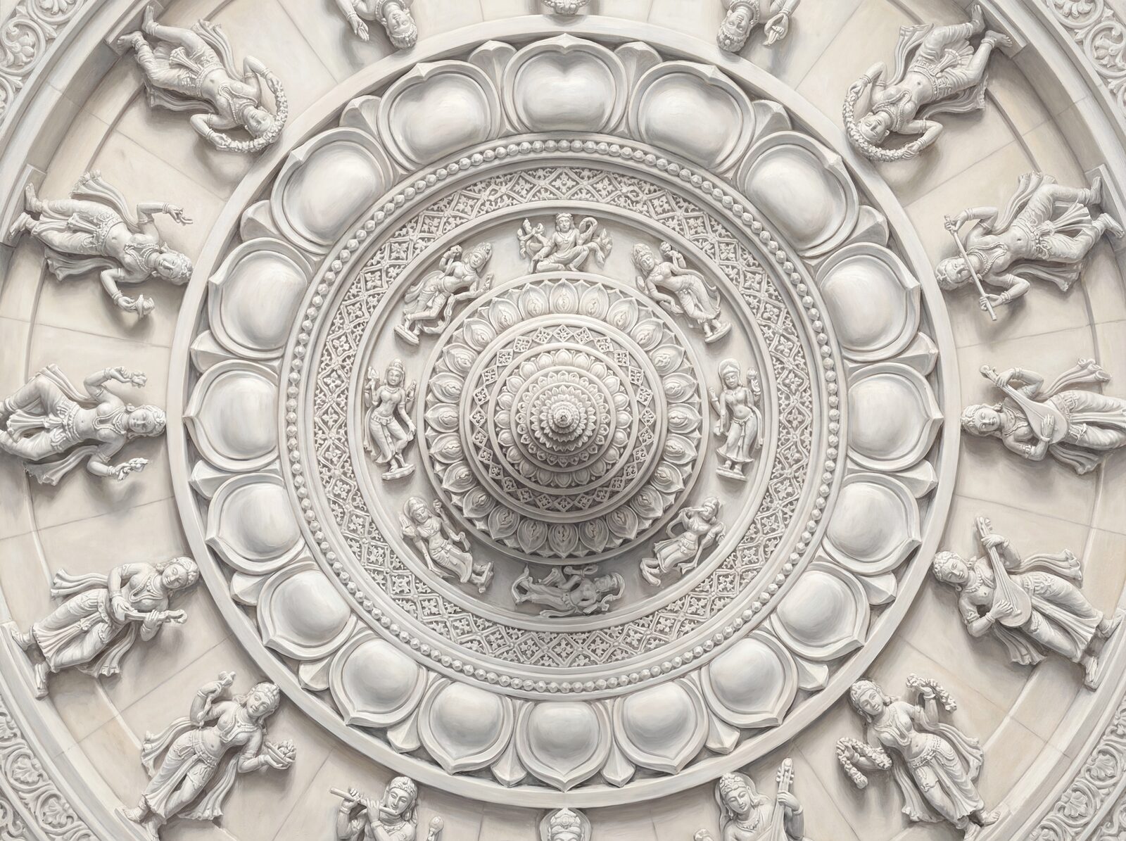 Experience the transcendent beauty of Ranakpur's carved marble ceilings. Pure white, soft grey, and warm cream tones. Made to order.
