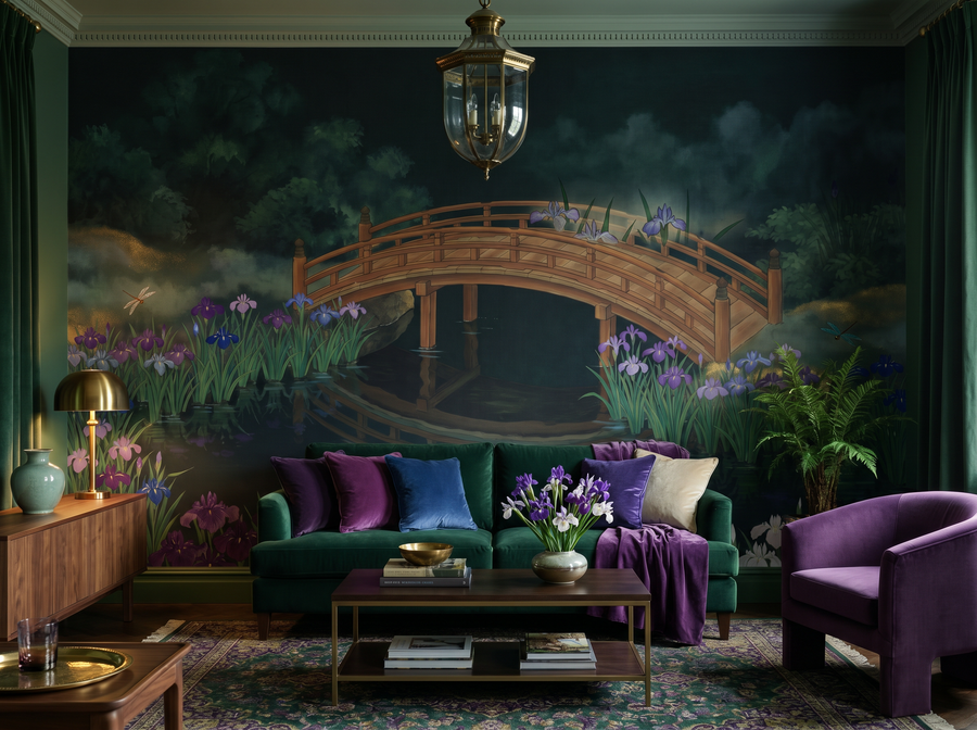 Japanese Iris Garden scenic wallpaper mural on the feature wall of a chinoiserie living room, in a deep purple palette — The Wall Shawl.