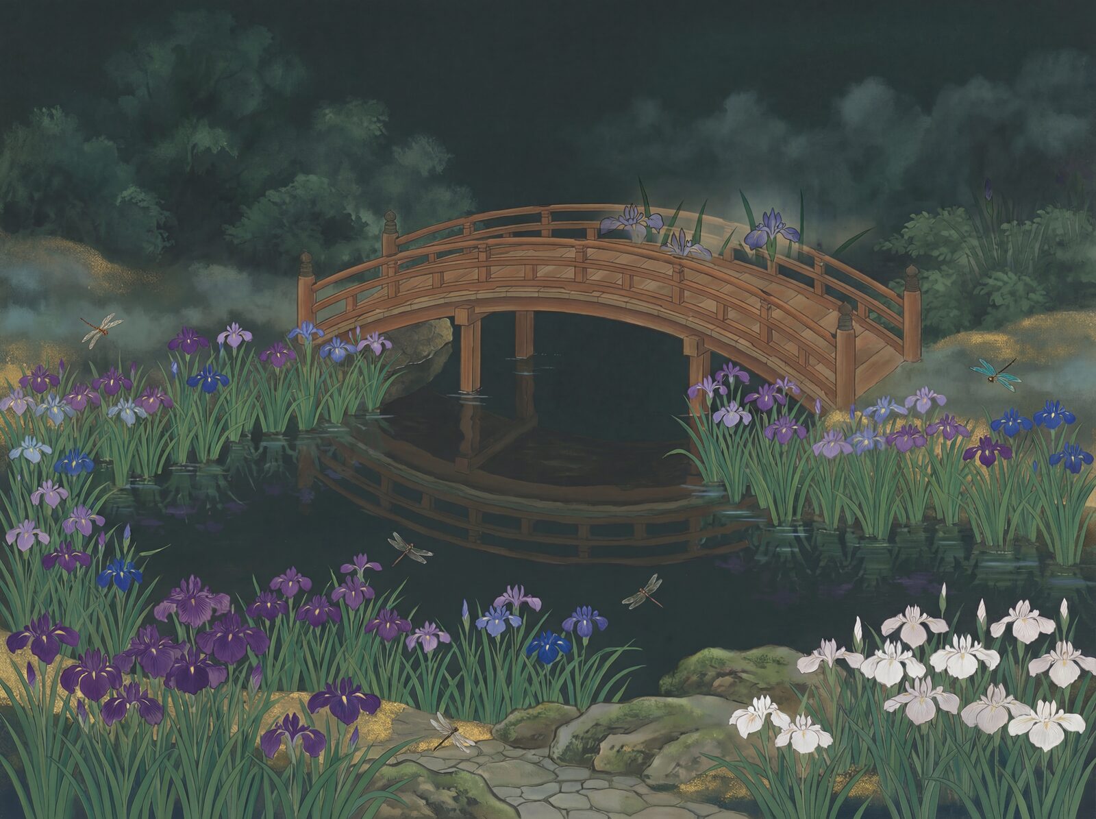 Scenic mural wallpaper featuring Japanese irises in deep purple, lavender, and green. Made to order.