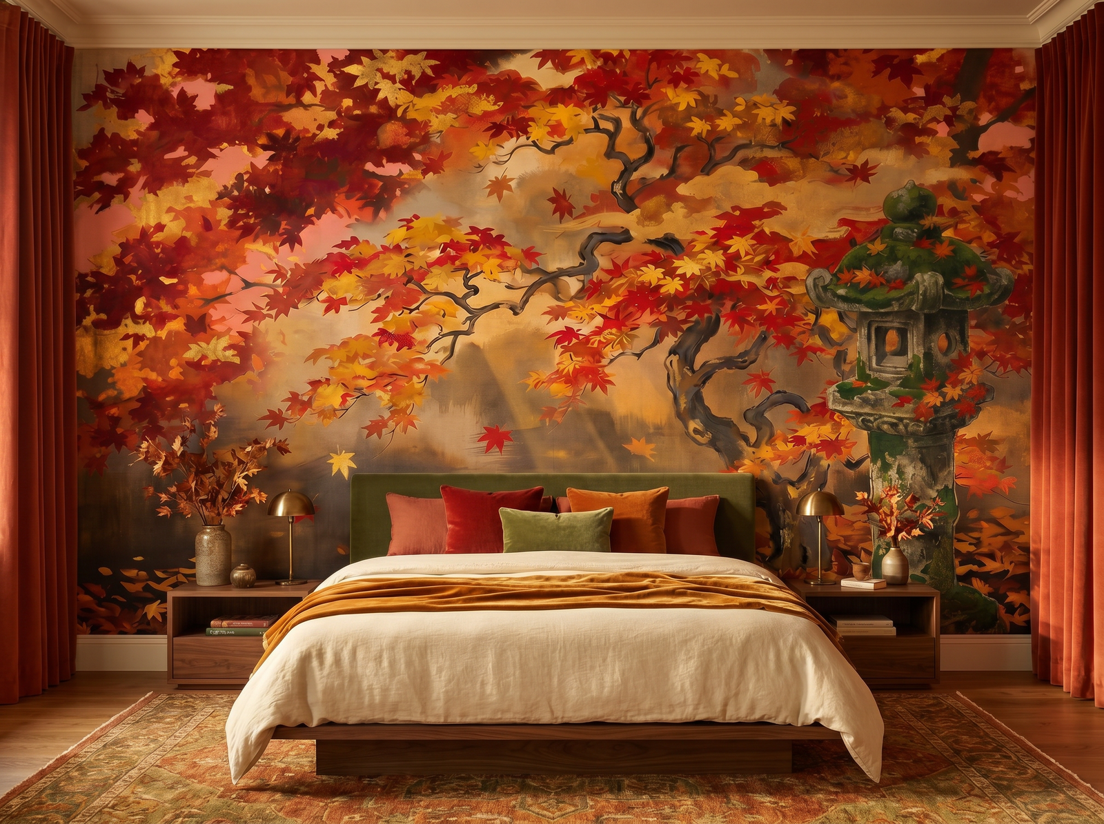 Japanese Maple scenic wallpaper mural on the feature wall of a chinoiserie living room, in a soft grey palette — The Wall Shawl.