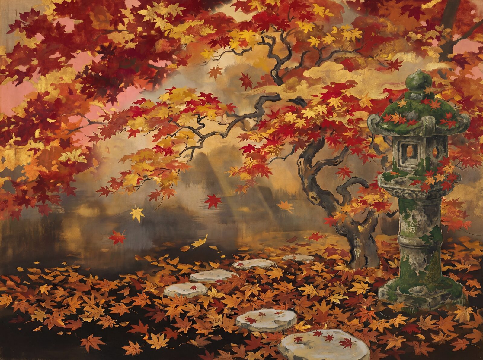 Vibrant Japanese maple scene with Temple Earth, Maple Crimson, and Ember Gold tones. Made to order.
