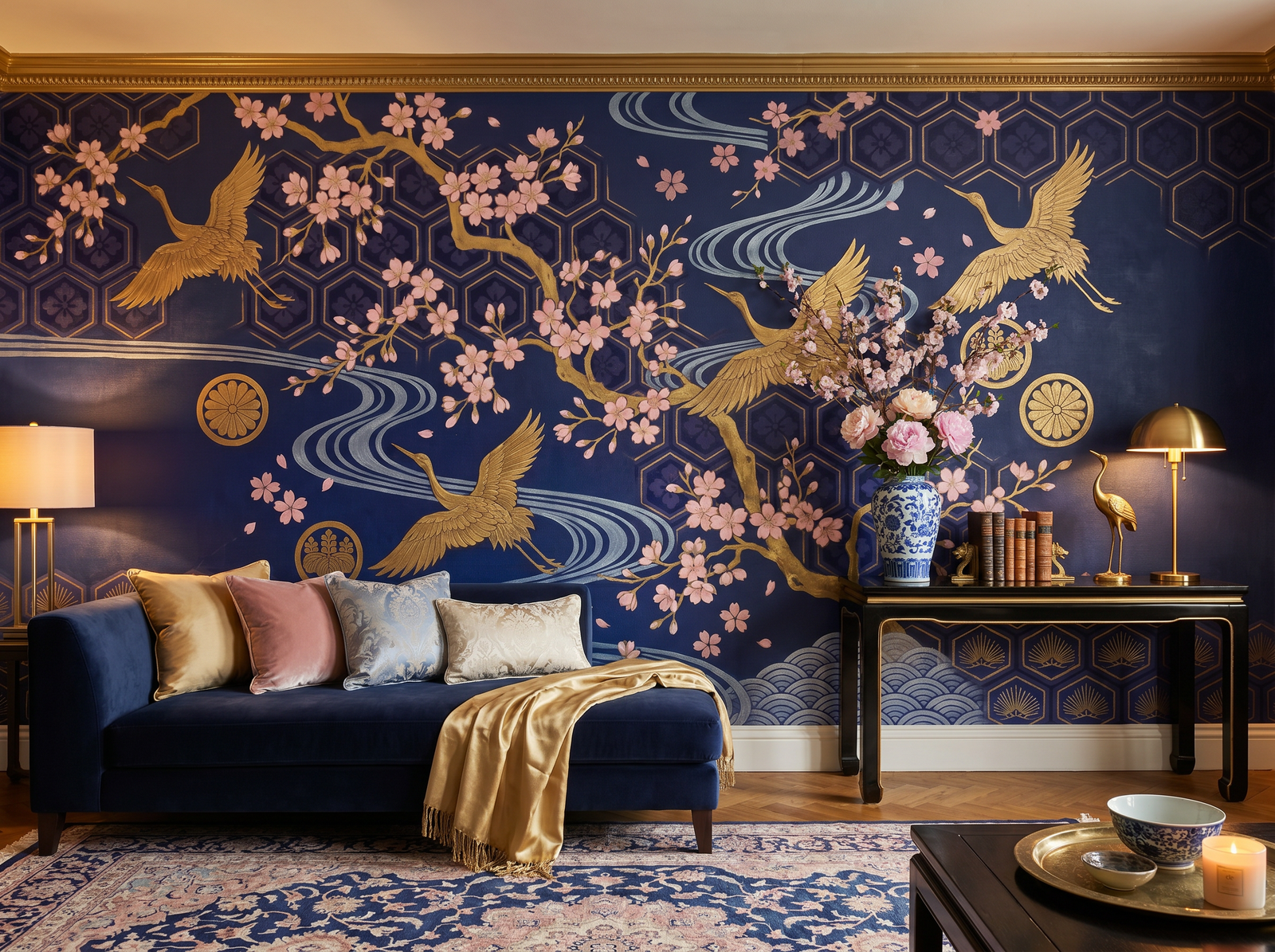 Japanese Textile scenic wallpaper mural on the feature wall of a chinoiserie living room, in a cool blue palette — The Wall Shawl.