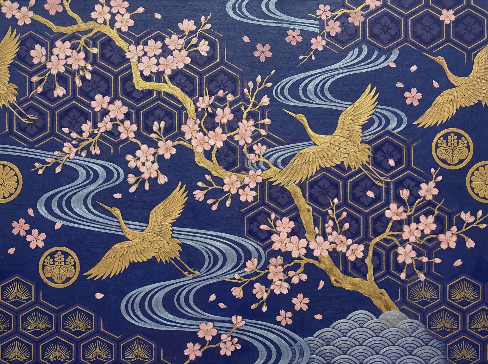 Immerse yourself in the artistry of Japanese Textile mural wallpaper, featuring deep indigo, gold, and cherry blossom. Made to order.