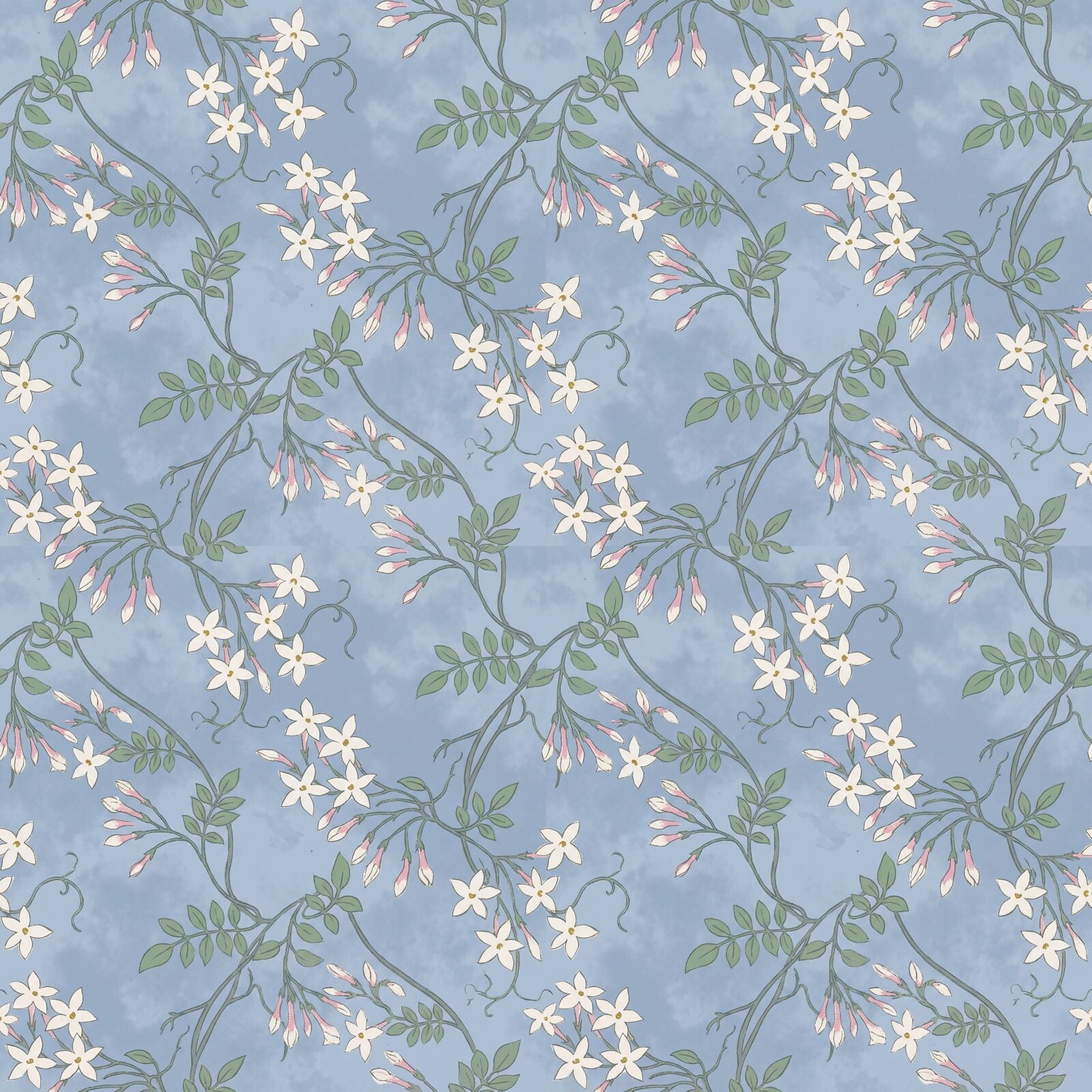 Delicate white jasmine on a soft powder blue ground with gentle green foliage and golden accents. Made to order.