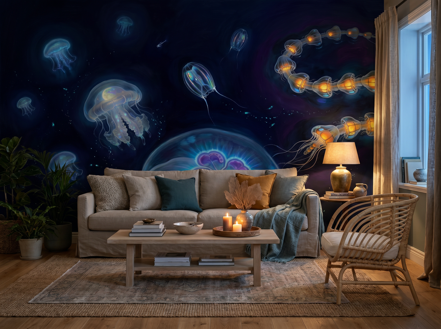 Jellyfish Dance wallpaper mural styled in a Coastal Living Room, Blues palette.