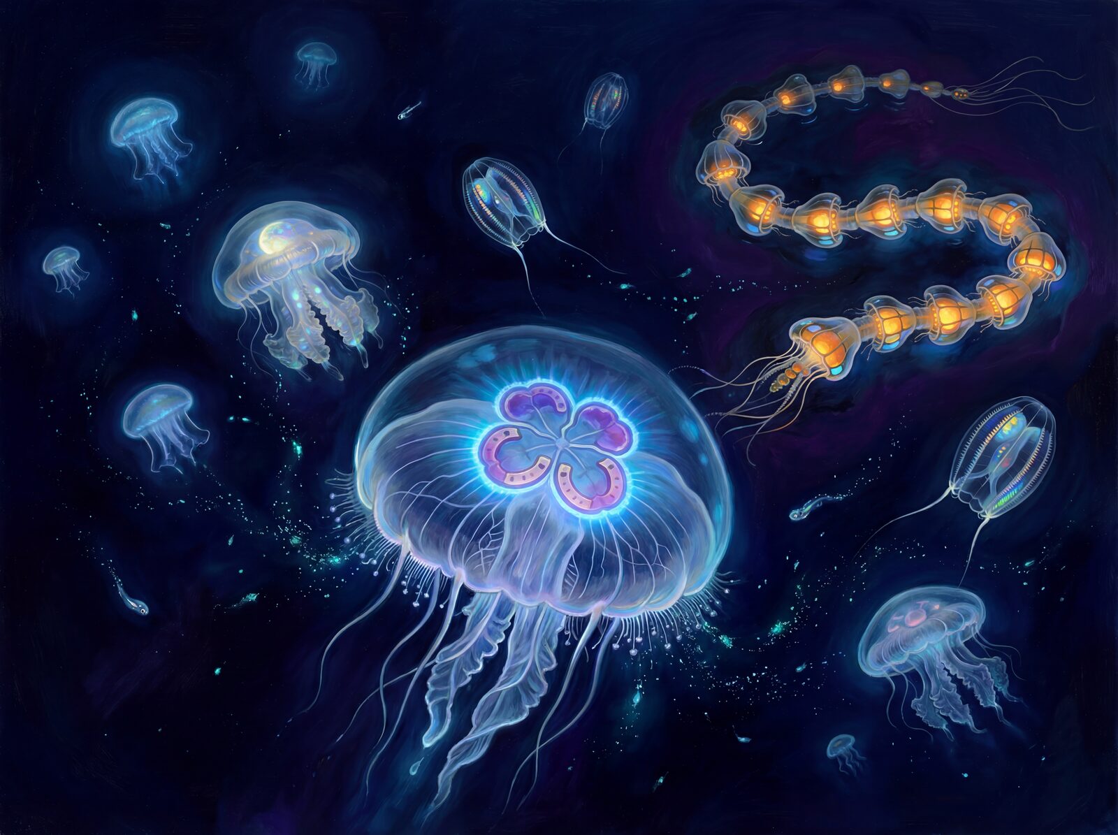 Immerse yourself in the hypnotic deep-sea glow of Jellyfish Dance, a mesmerising mural in indigo, cyan, and amber. Made to order.